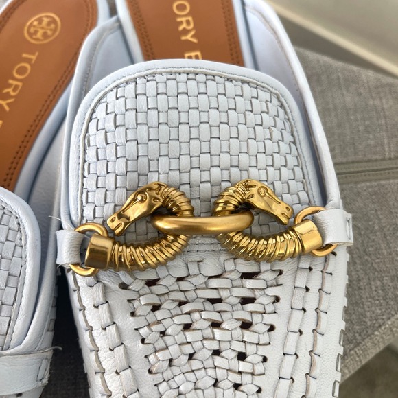 Tory Burch $348 Jessa Light Blue Woven‎ Leather Backless Loafers Women's 7.5M - Picture 3 of 10